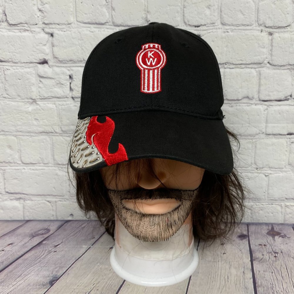 Trucker Hat Cap Strap Back Black Kenworth Trucks Metal Plate on Bill Fire Logo